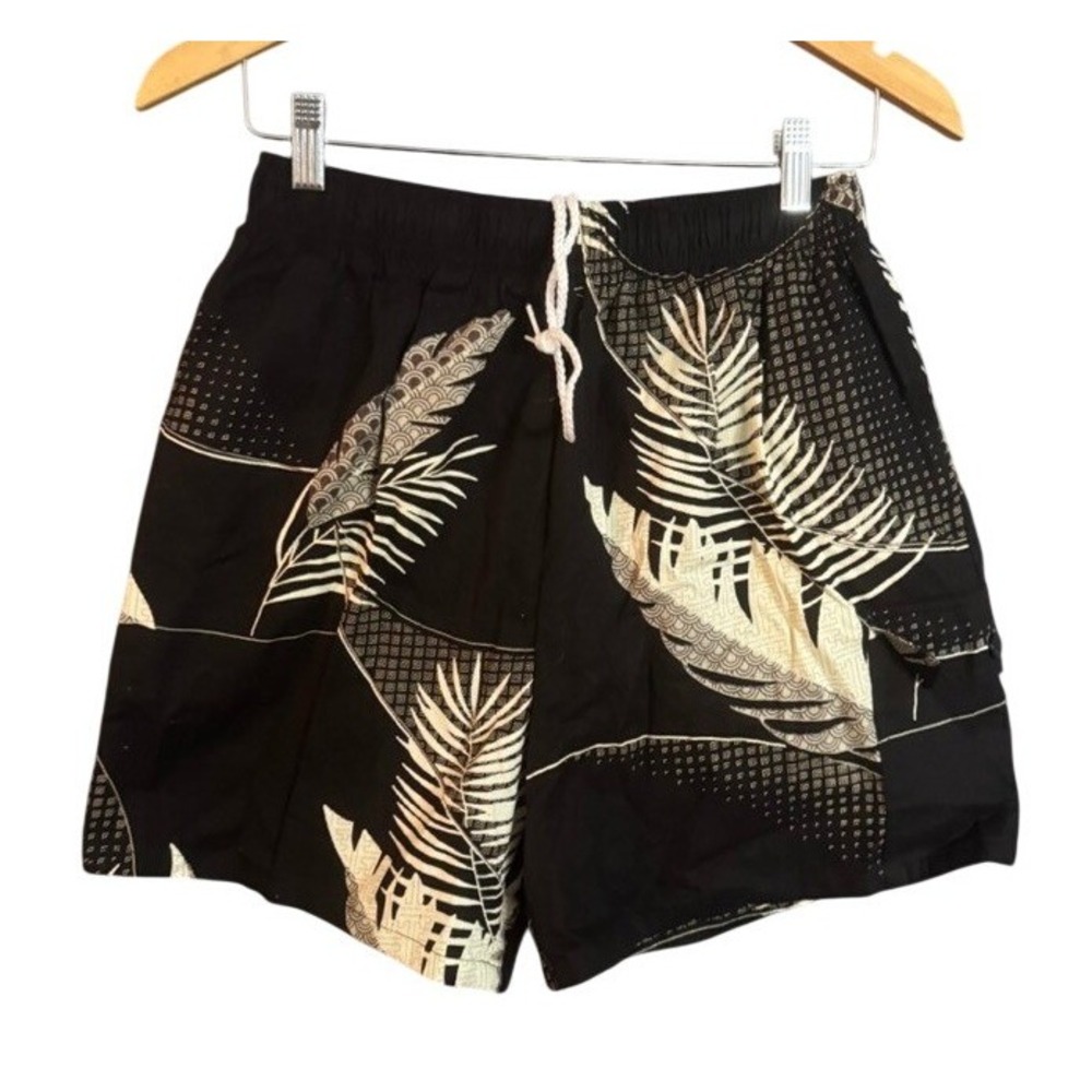 Norm Thompson Men's Size M Tropical Leaf Print Swim Trunks Black White Elastic
